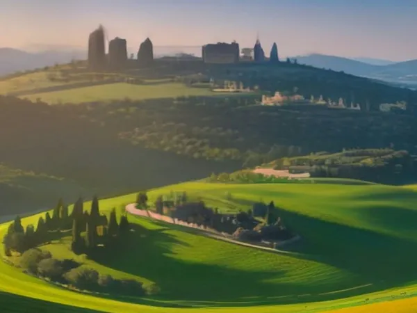 Rolling Tuscan hills with cypress trees, autumn vineyards and a medieval hill town of stone towers