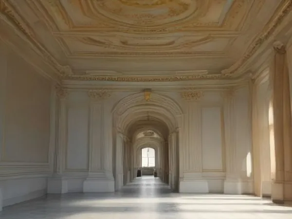 A long, ornate museum gallery with a painted, gilded ceiling and soft daylight