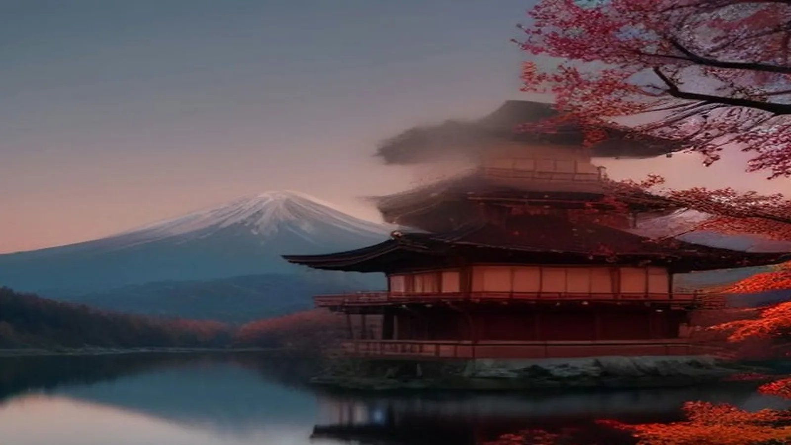 Snow-capped Mount Fuji at dusk beyond a calm lake, with a pagoda and red autumn maples in the foreground