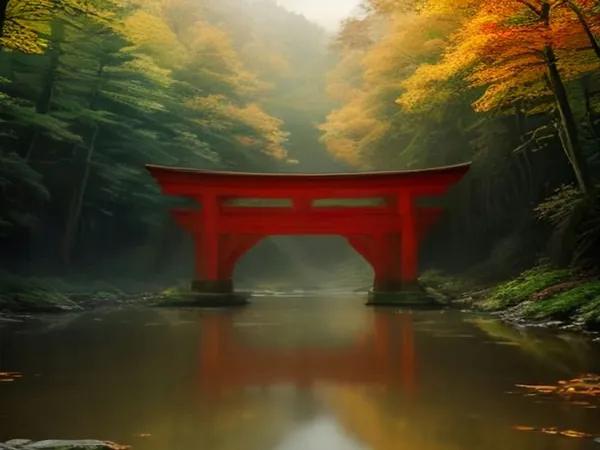 A red torii gate standing in a misty mountain lake surrounded by autumn forest
