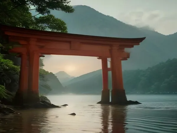 A vermilion torii gate at the water's edge with misty mountains behind