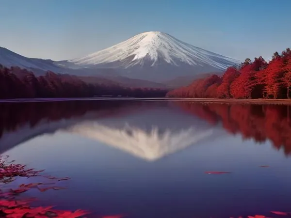 Snow-capped Mount Fuji reflected in a calm lake lined with red autumn trees