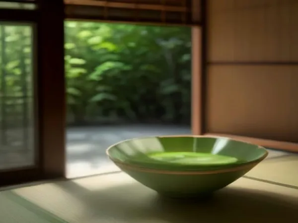 A bowl of green matcha on a tatami mat beside an open window onto a garden