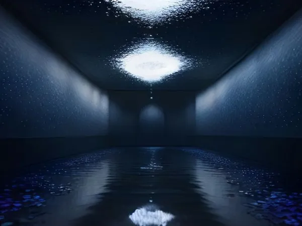 A dark mirrored gallery with glowing lights reflected in shallow water