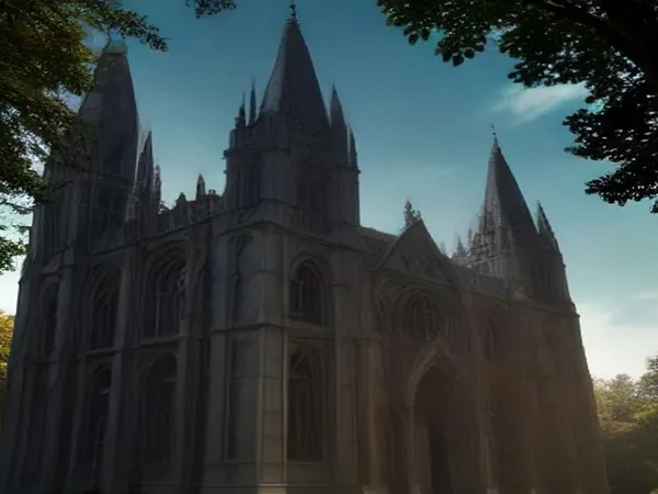 A Gothic stone church with tall spires framed by trees