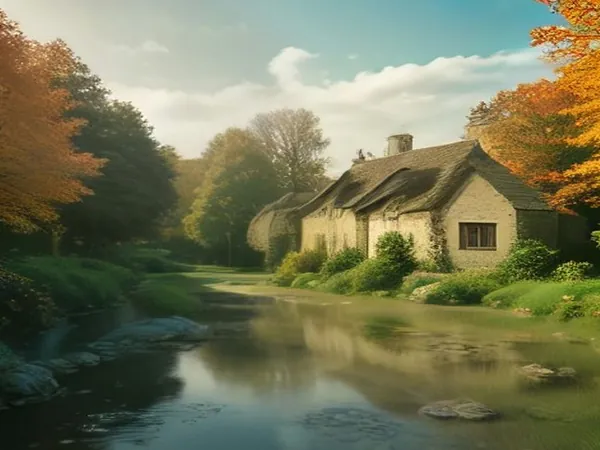 A stone cottage beside a calm stream framed by autumn trees