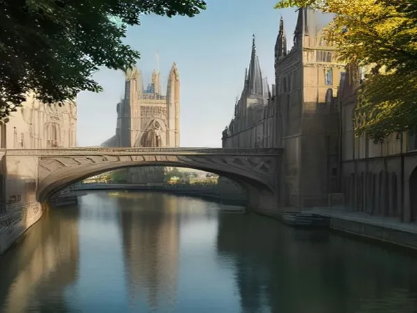 A stone bridge over a calm river between Gothic stone buildings
