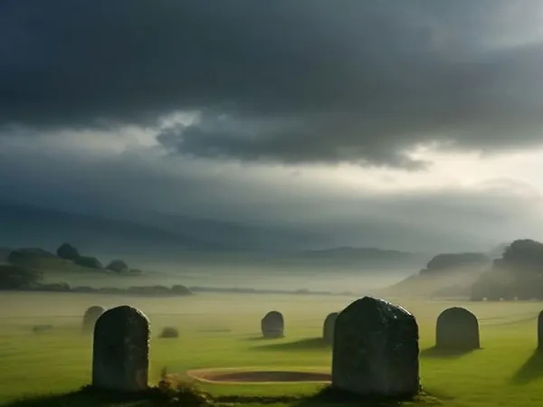 Ancient standing stones on misty green countryside under a dark, stormy sky