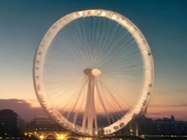 A giant white observation wheel against a sunset sky