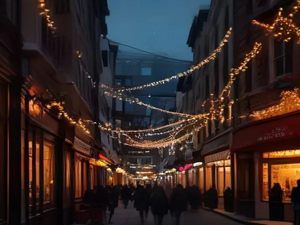 Strings of festive lights across a narrow shopping street at night, with shoppers seen from behind