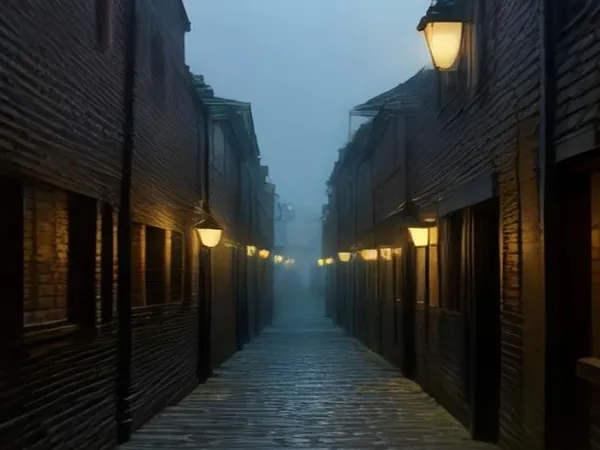 A foggy cobbled lane between old brick buildings, lit by lamps at dusk