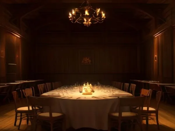 A dim wood-panelled hall with a candle chandelier above a long dining table