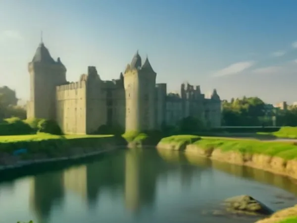 A medieval stone castle with turrets reflected in a calm river