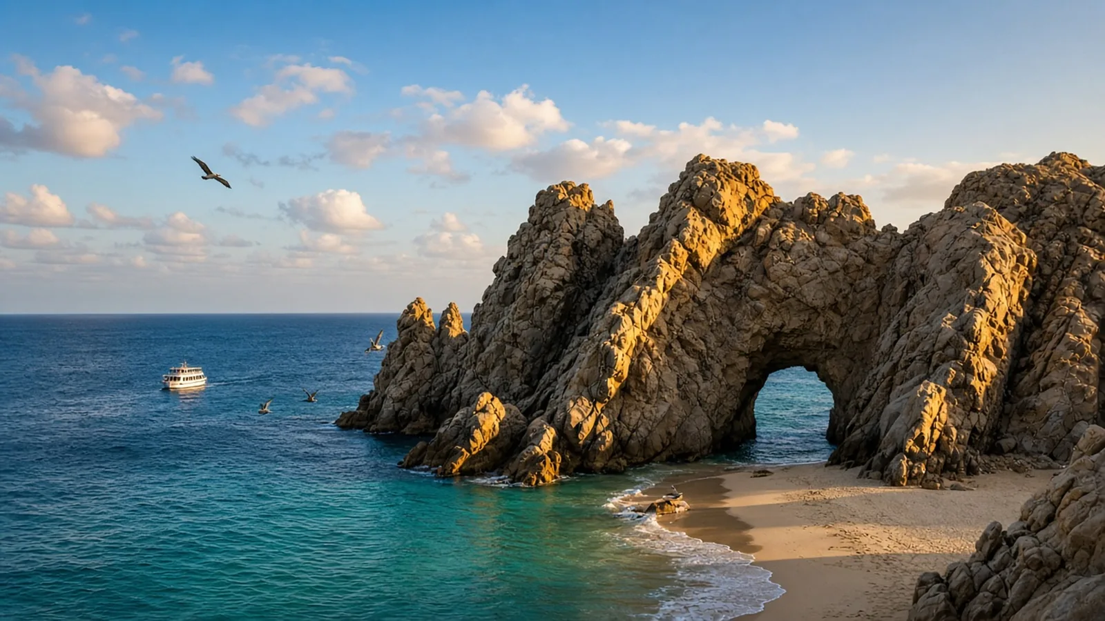 The rock arch at Land's End in Cabo San Lucas in golden afternoon light, with a small tour boat on turquoise water and pelicans overhead