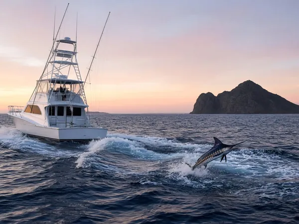 A white sport-fishing boat with tall outriggers heading out at dawn as a marlin leaps in its wake