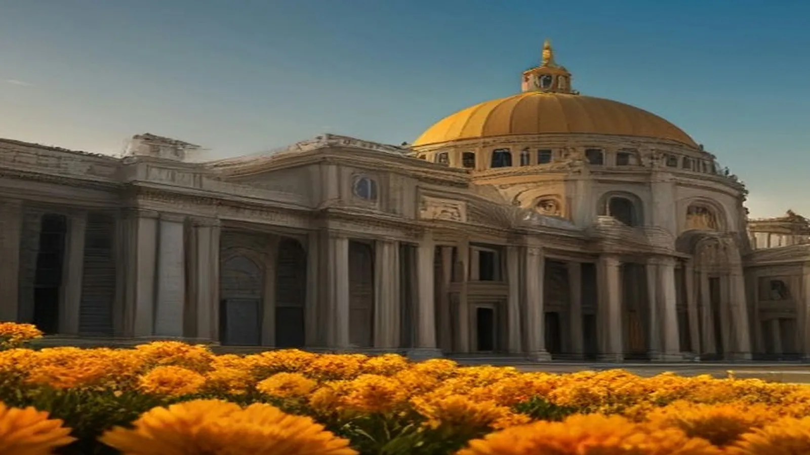 A white marble palace with a golden dome at golden hour, with orange marigolds in the foreground