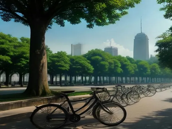 Bicycles parked along a tree-lined city boulevard