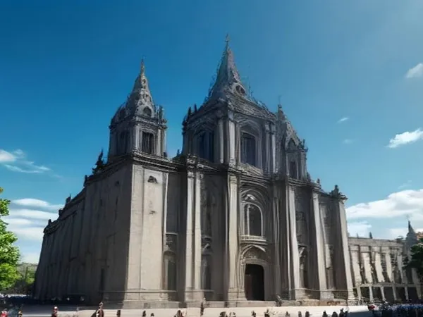 A cathedral on a large city square under a blue sky