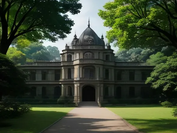 A stately stone building among trees in a park