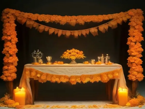 A Day of the Dead altar with orange marigolds, candles and sugar skulls