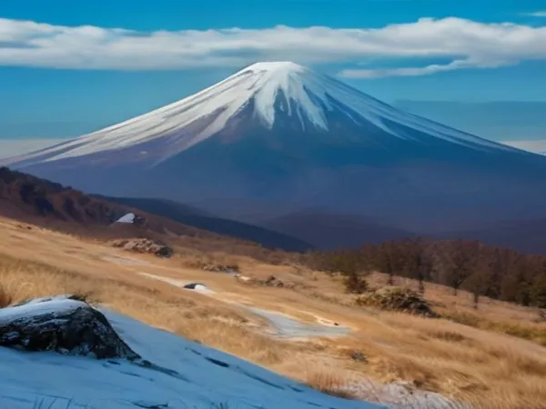 A high mountain trail through golden grass toward a snowy volcano