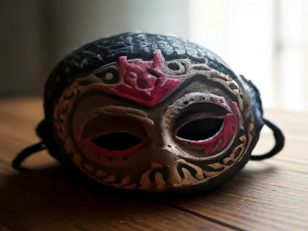 A decorated mask lying on a wooden table