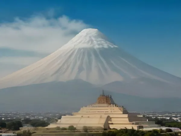 A stepped pyramid with a snow-capped volcano behind