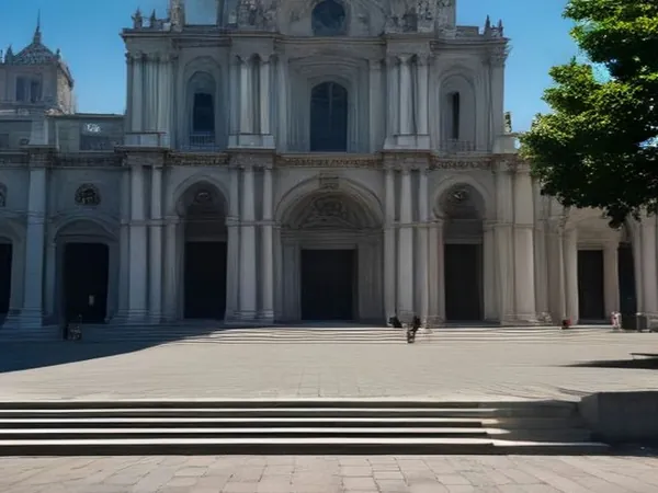 A large stone church facade on a sunny plaza