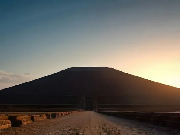 The silhouette of a stone pyramid at dawn above a long avenue