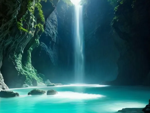 A waterfall pouring into turquoise water in a green canyon