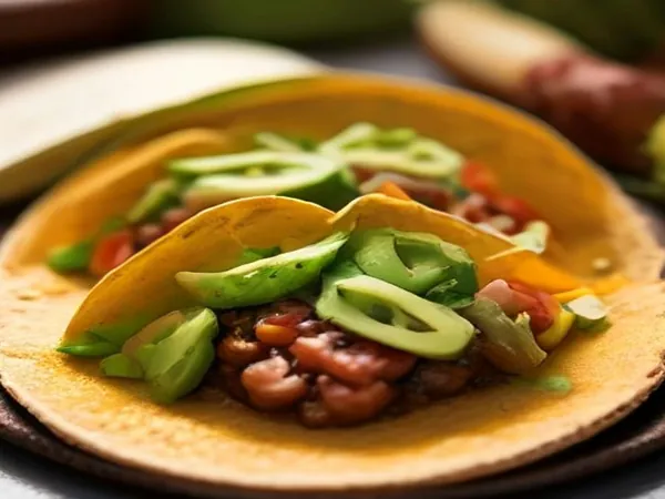 Colorful vegetarian tacos with mushrooms, cactus and avocado