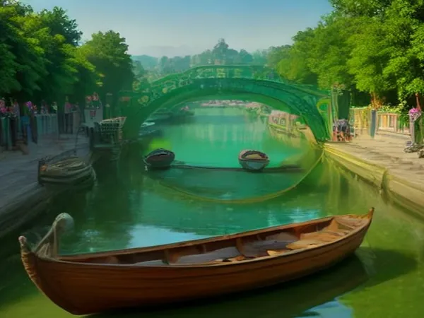 A wooden boat on a green canal lined with trees
