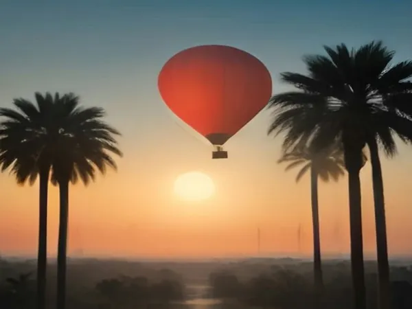 A red hot air balloon above palm trees at sunrise