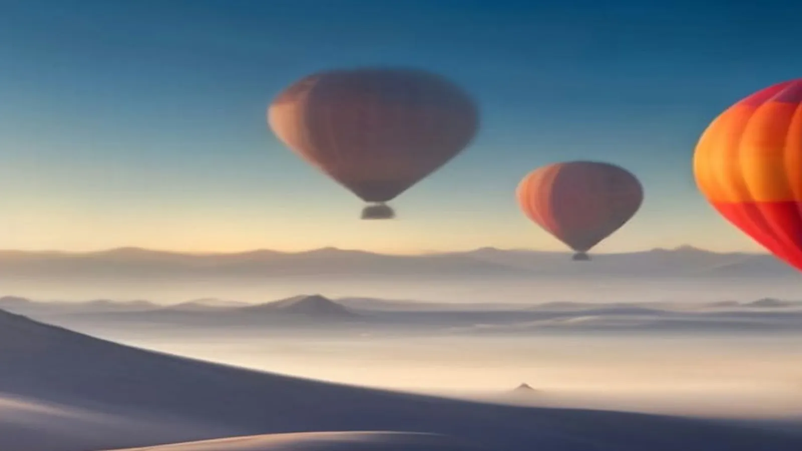 Hot air balloons drifting over a misty plain toward distant mountains at sunrise