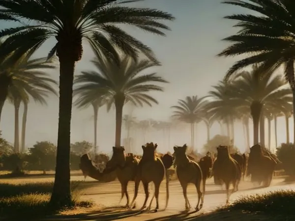 Camels walking through a palm grove in hazy afternoon light