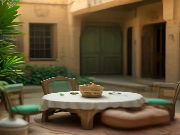 A table set in a sunny riad courtyard