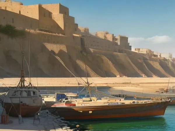 Old stone ramparts above a harbor with wooden fishing boats