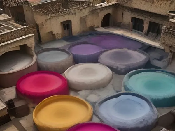 Round stone dye vats filled with colorful dyes