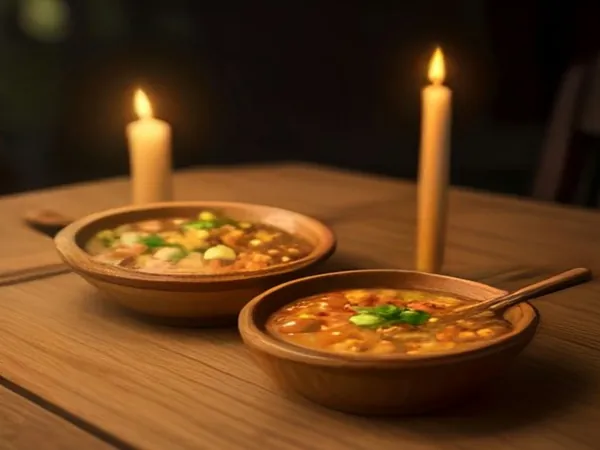 Two bowls of soup on a wooden table by candlelight
