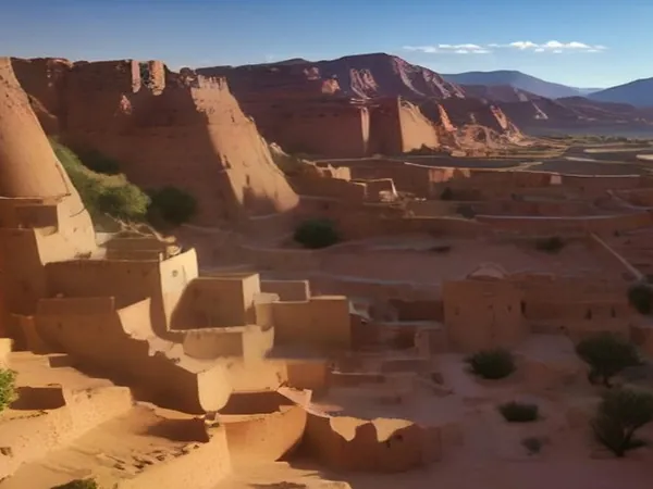 A mud-brick fortified village below red cliffs