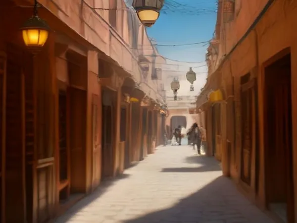 A narrow old town alley with hanging lanterns