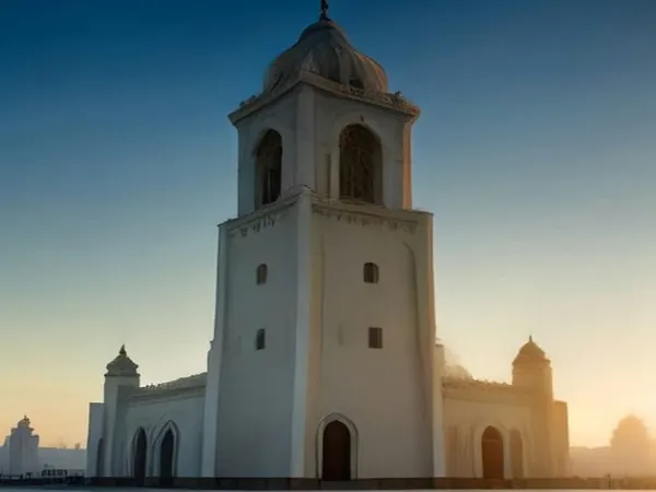 A tall white minaret against an evening sky