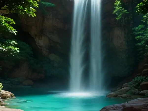 A tall waterfall pouring into a turquoise pool in a green gorge