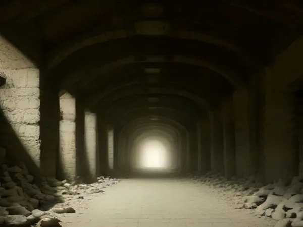 A dim underground limestone tunnel lit by warm lamps