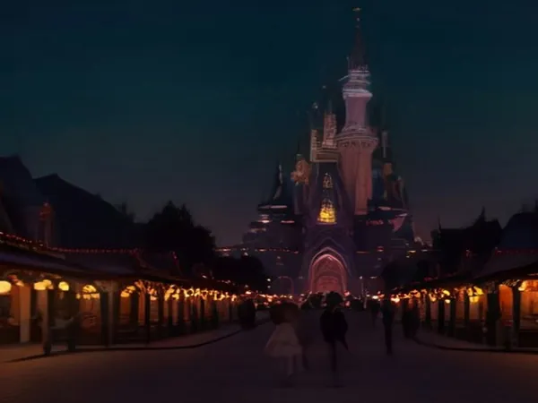 A lit fairy-tale castle at the end of a theme park main street at night