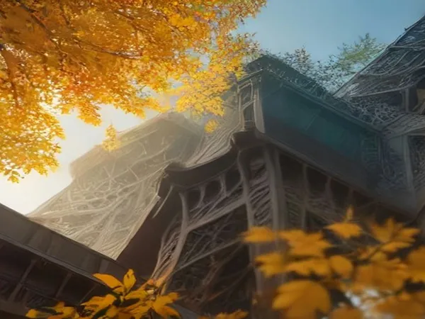 Looking up at the Eiffel Tower's iron lattice on a clear autumn morning, with golden leaves in the foreground