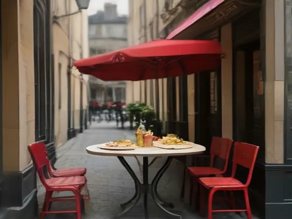 A cafe table with plates of food and drinks under a red umbrella in a narrow stone lane