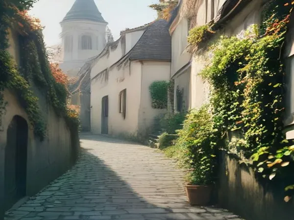 A steep cobbled lane with ivy-covered houses and a white domed church on the hill above