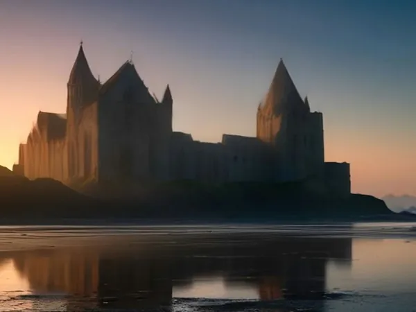 A medieval abbey on a rocky tidal island reflected in wet sand flats at sunrise