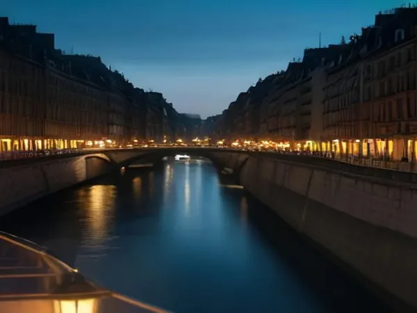 The Seine at dusk with warmly lit stone buildings and a bridge reflected in the water